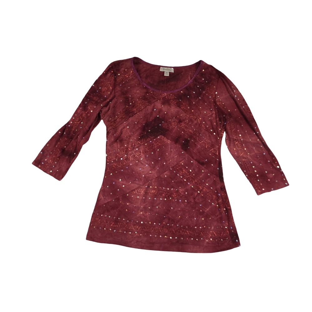 Dressbarn Y2K Burgundy Sequin Embroidered Tie Dye 3/4 Sleeve Top women's Medium